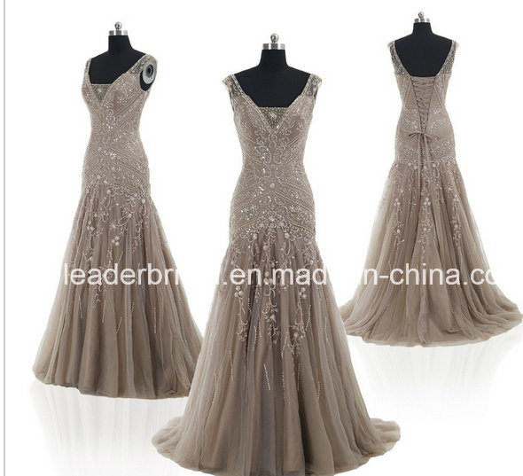 Crystals Prom Party Dress Vestidos V-Neck Tulle Brown Evening Dresses E165112