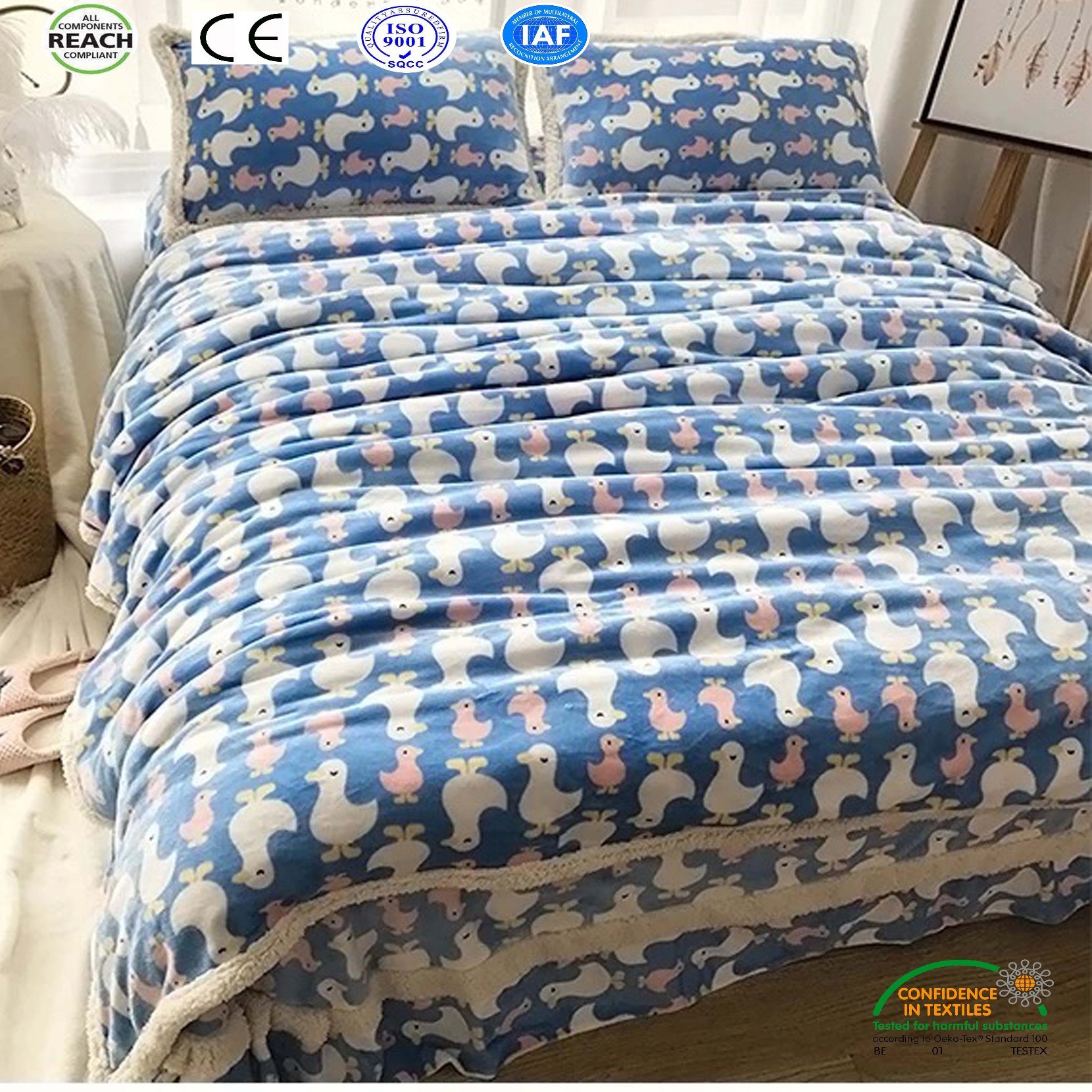 Cute Cartoon Printing Coral Fleece Fitted Bed Skirt 4PCS Set