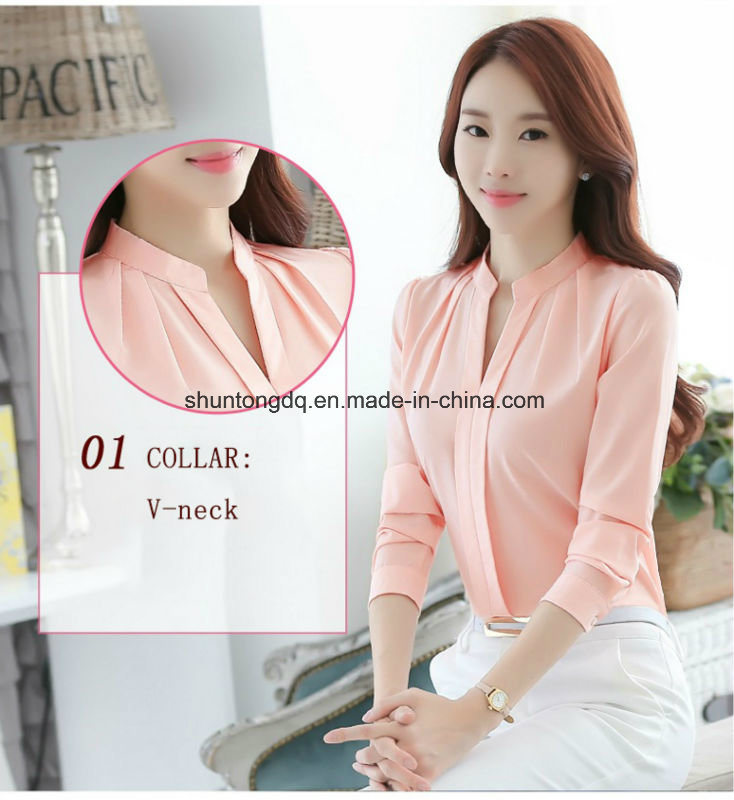 Spring Autumn Women Tops Long Sleeve Casual Chiffon Blouse Female V-Neck Work Wear Solid Color White Office Shirts for Women