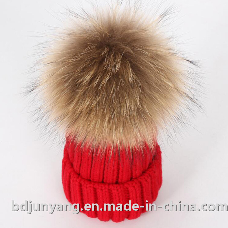 Knitted Pure Cashmere Raccoon Fur Pompom Beanie Hats