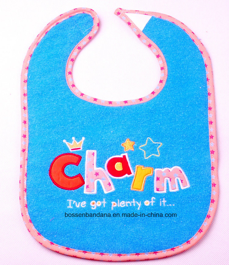 China Factory Produce Custom Design Embroidered Blue Cotton Terry Knit Baby Saliva Towel Bib