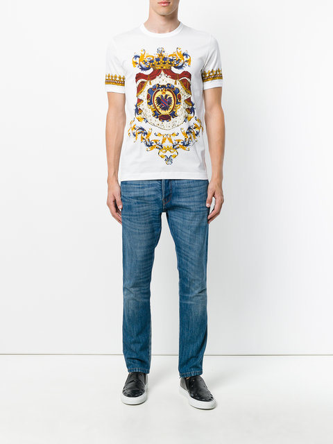 Men's White T Shirt with Gold Crown Print
