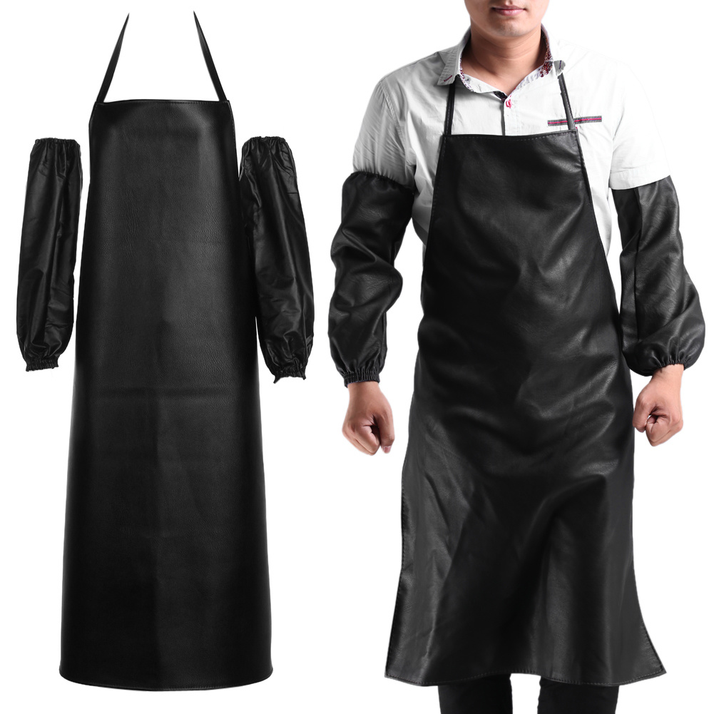 Hot Mens Womens Convenient Faux Leather Chef Apron Waterproof Kitchen Cafe Commercial Restaurant Cooking Aprons + Cuff