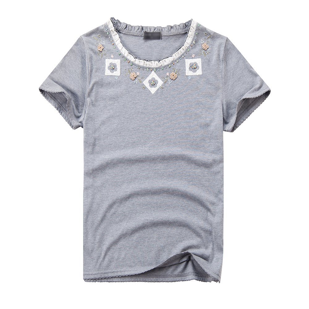 Ladies Gray Beaded T-Shirt Flowers Stringy Selvedge Collar T-Shirts