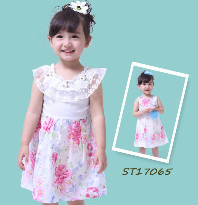 Top Fashioned European Designed Floral Printed Cotton Girl Dresses