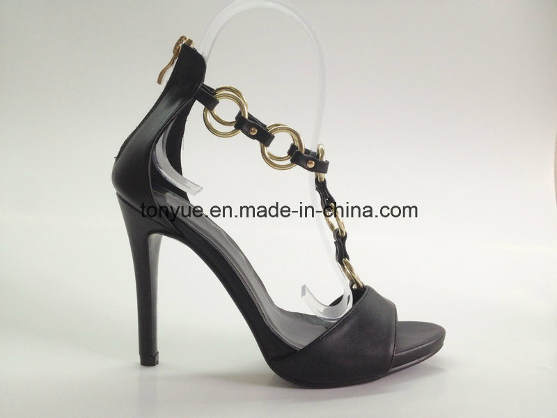 Lady Leather High Heel Metal Ring and Outheel with Zipper Sandals