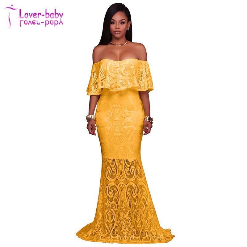 Kamila off The Shoulder Ruffle Lace Overlay Yellow Evening Dress L5036