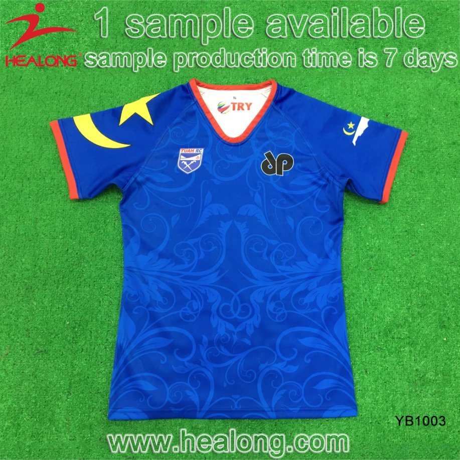 Healong Wholesale Fully Sublimated Blue Color Any Team Logo Shirt Rugby Shirt