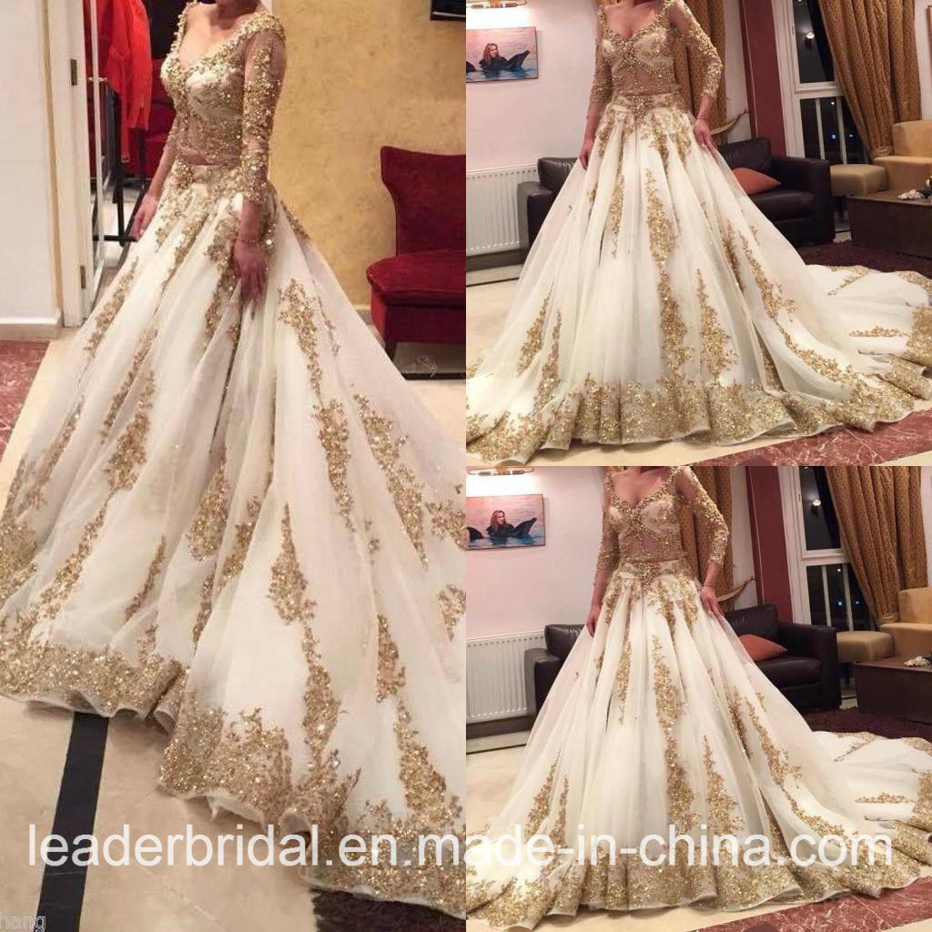 2017 Gold Lace Bridal Gown Sleeves Arabic Wedding Dress W15224