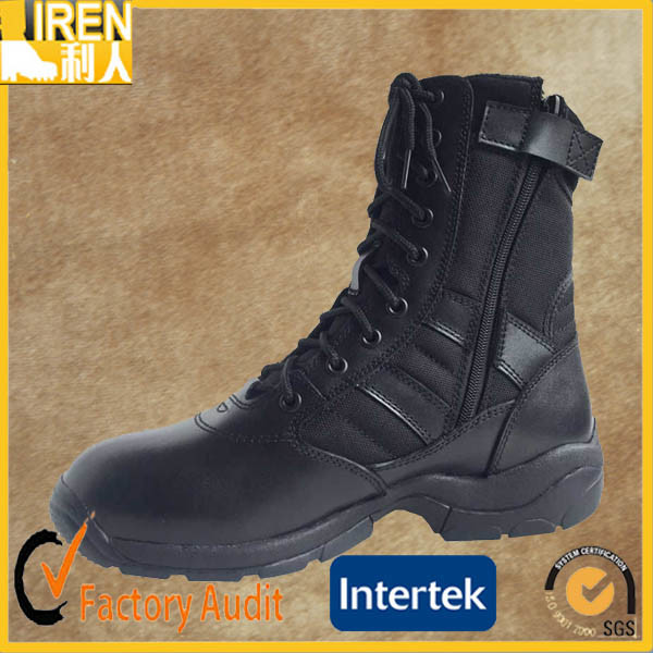 Black Full Leather Safety Shoes Military Combat Boot with Zippers