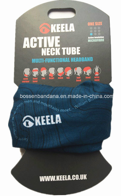Factory Produce Customized Logo Print Blue Polyester Microfiber Neck Tubular Scarf with Cardboard