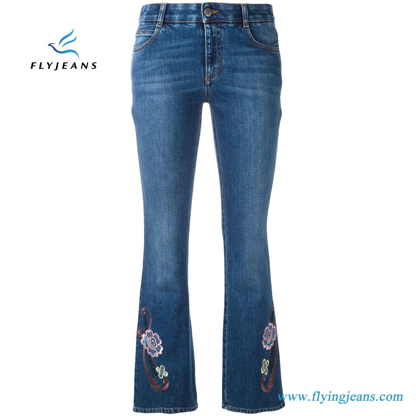 New Arrival Women Blue Stretch Skinny Embroidery Kick Jeans