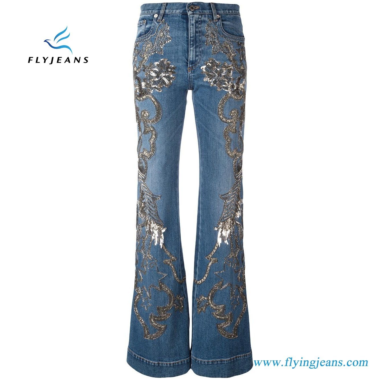 New Design Women Blue Cotton Blend Metallic Detailing Flared Denim Jeans