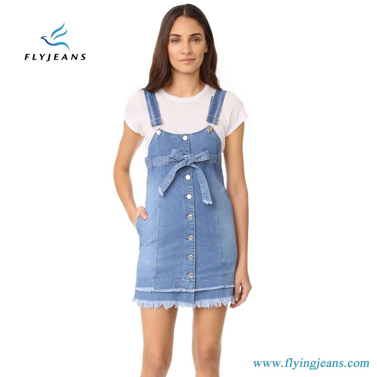 Fashionable Women 100% Cotton Denim Dress with  Adjustable Overall-Style Straps