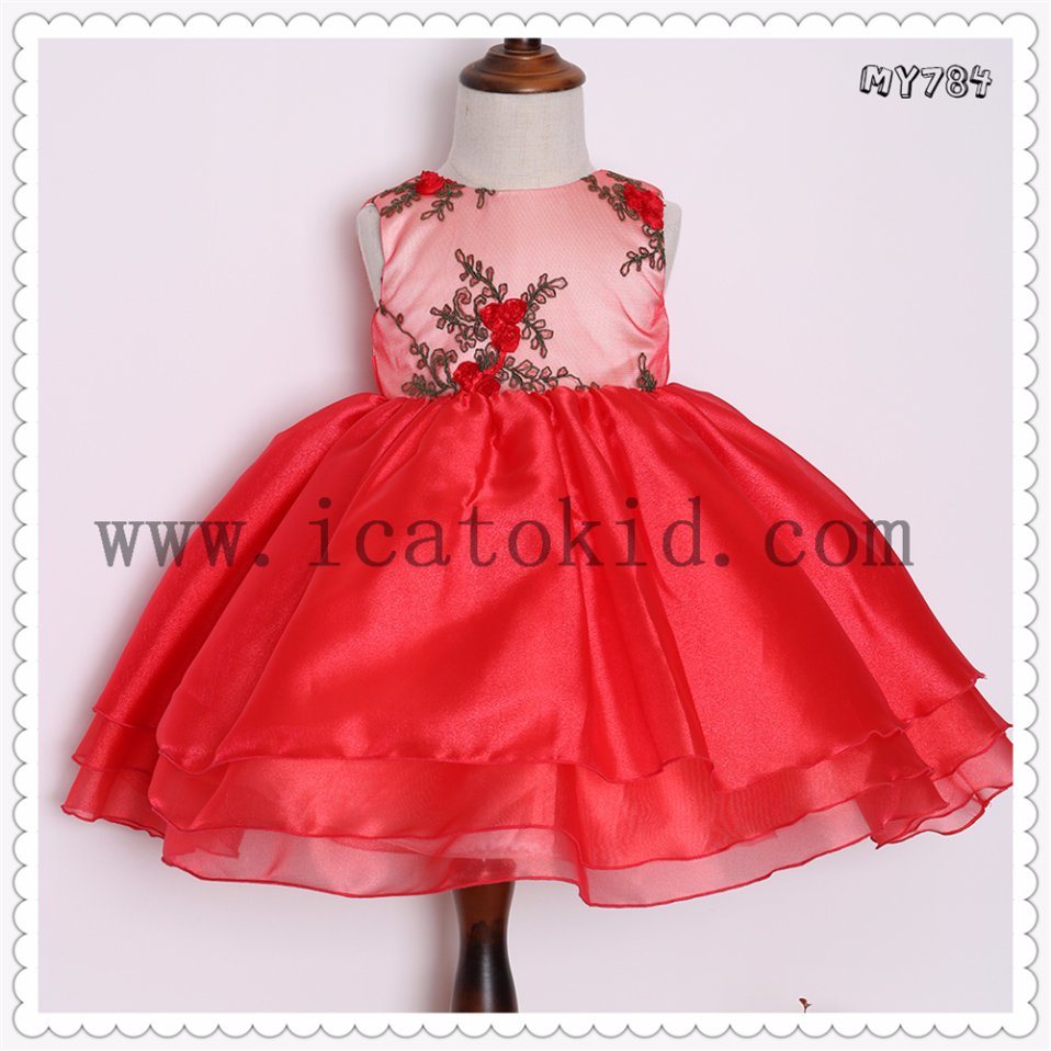 Baby Frock Designs Red Flower Bodice Infant Children Dress Little Girls Party Wear Western Dress My784