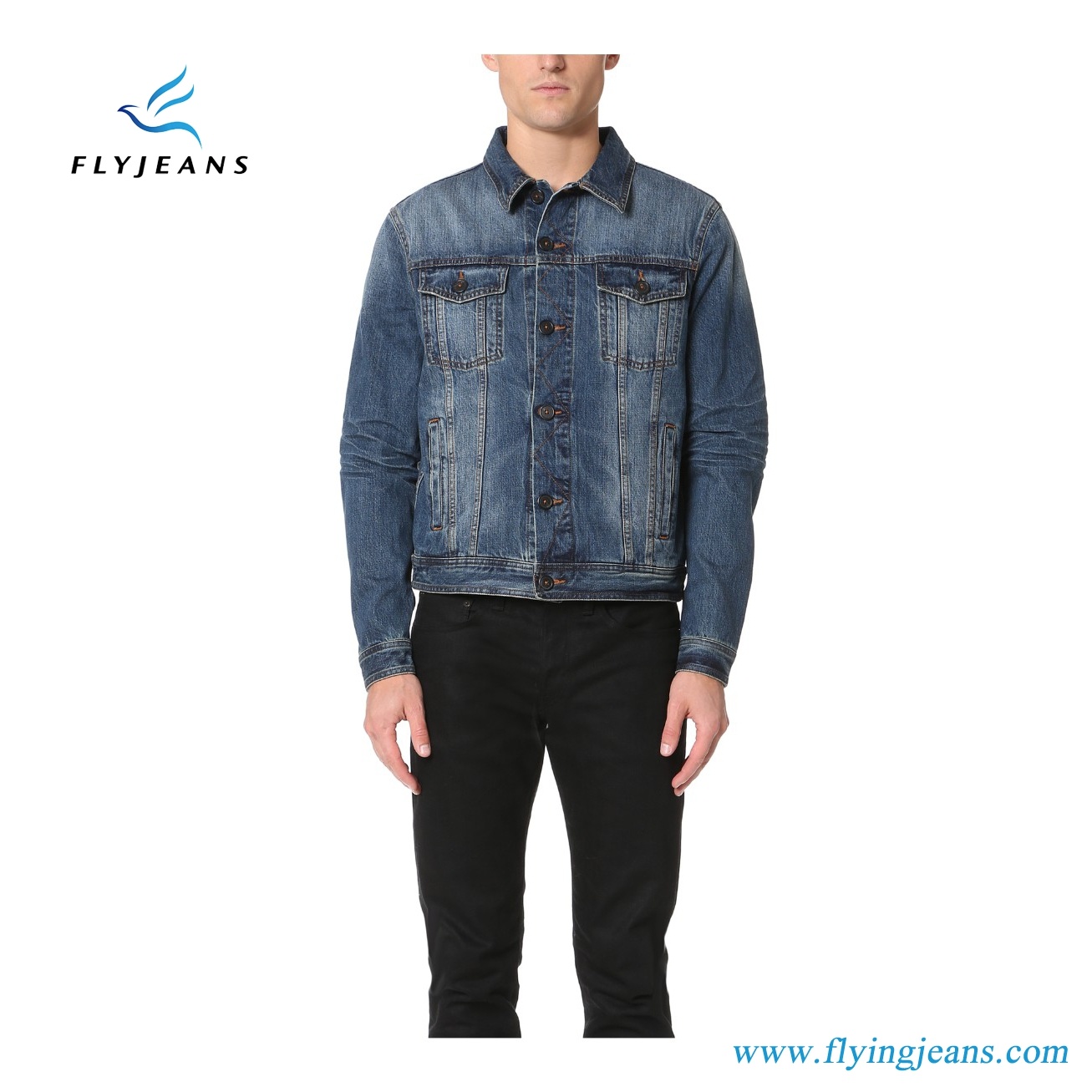 Men Denim Jacket with Contrast Stitching and Heavy Fading