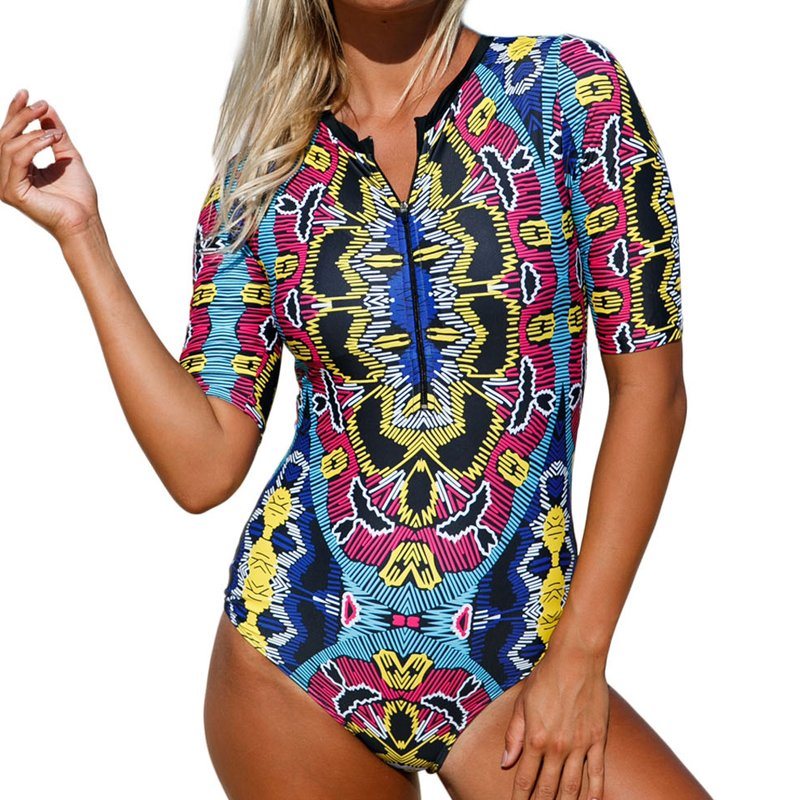 Wholesale Abstract Print Zip Front Half Sleeve One Piece Swimsuit