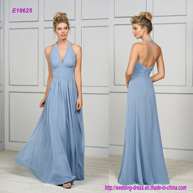 Low-Cut Halter and Thin Back Straps Bridesmaid Dress