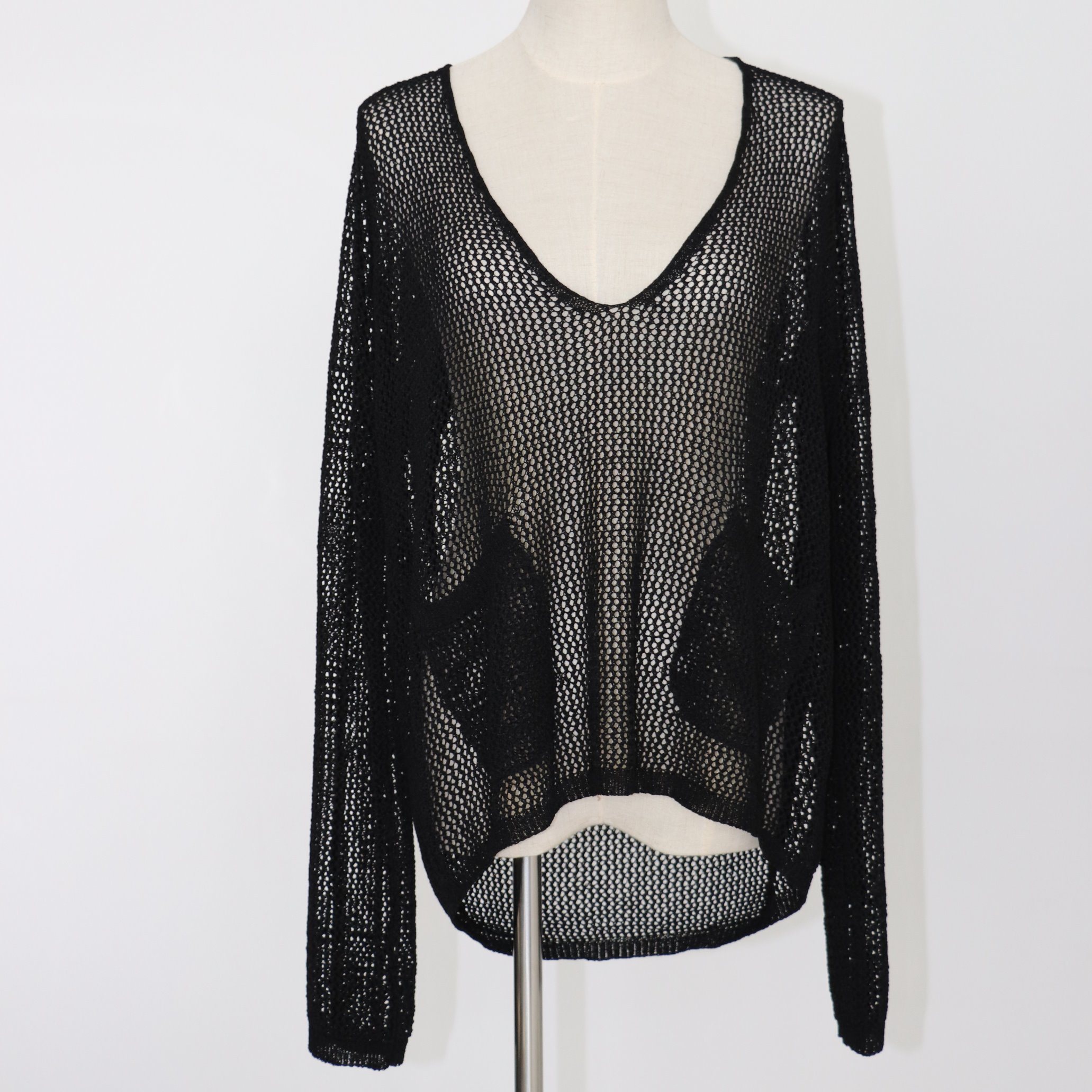 Women's Crochet See-Through Sexy Pullover with Two Pockets and V Low Neck, Long Sleeves