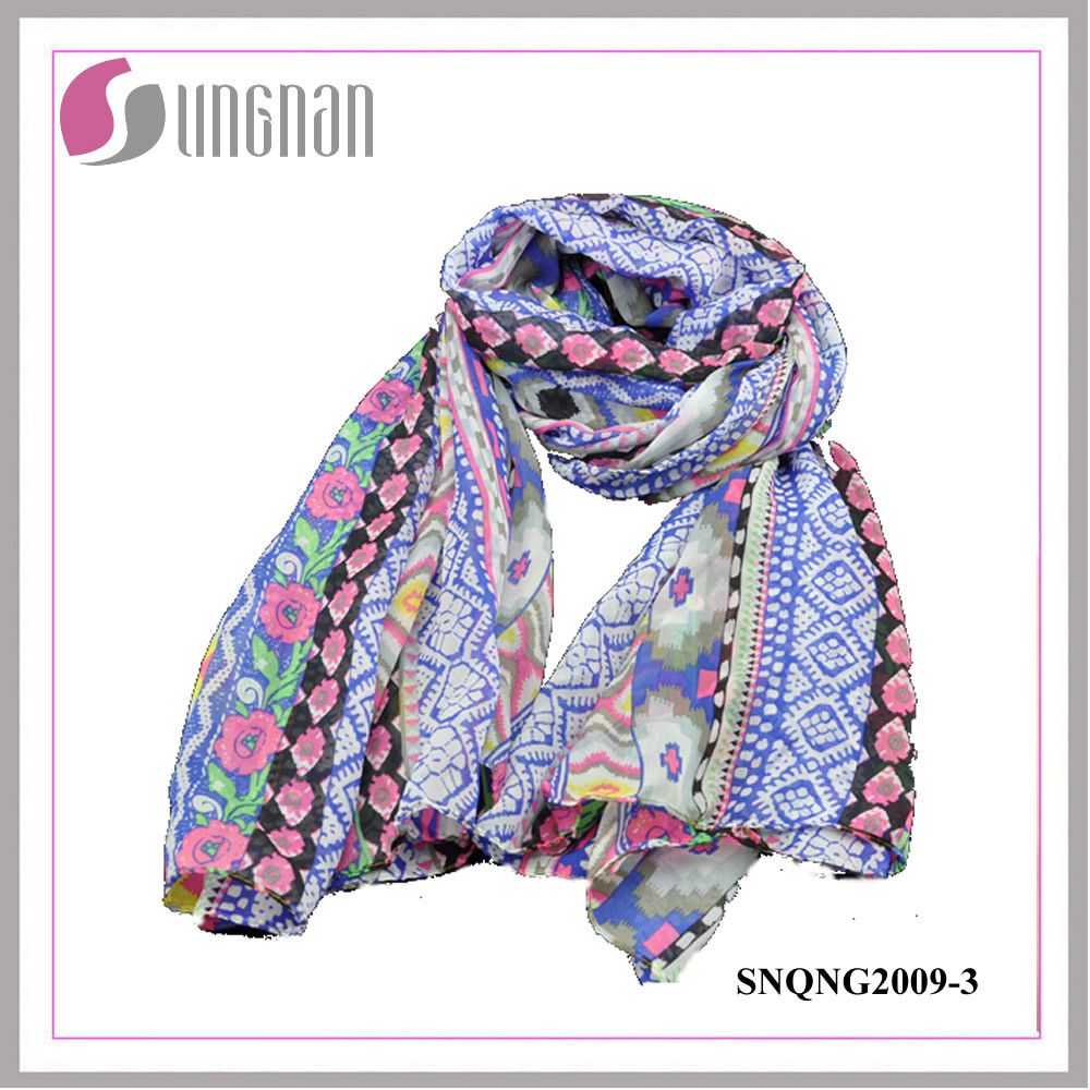 Hot Fashion Ethnic Prints 100% Polyester Silk Scarf (SNQNG2009)