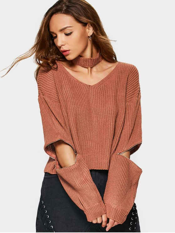 Zipper Sleeve Chunky Choker Sweater