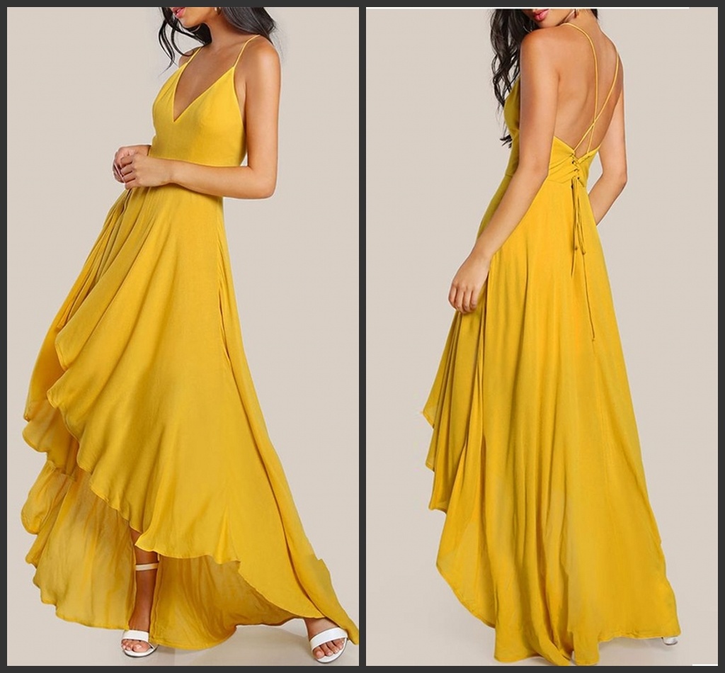 Backless A-Line Party Cocktail Dresses Yellow Chiffon Hi-Low Evening Dress Y2009