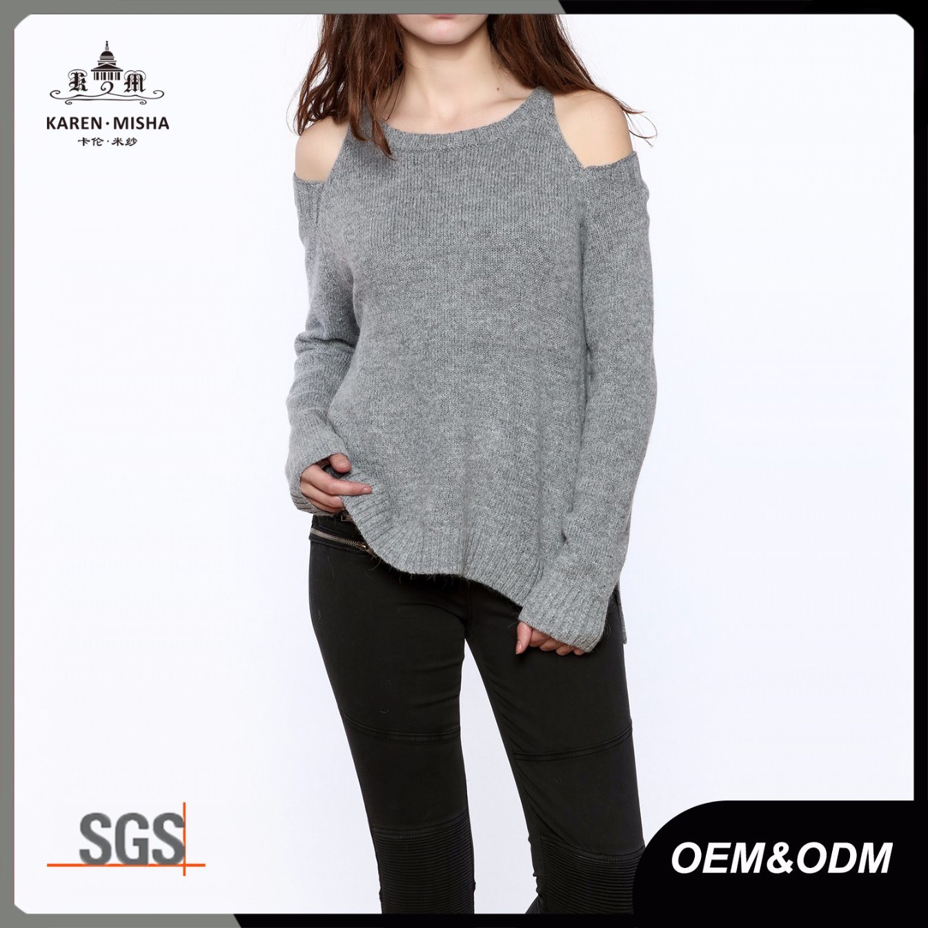 Women Cold Shoulder Ribbed Knit Angora Wool Sweater
