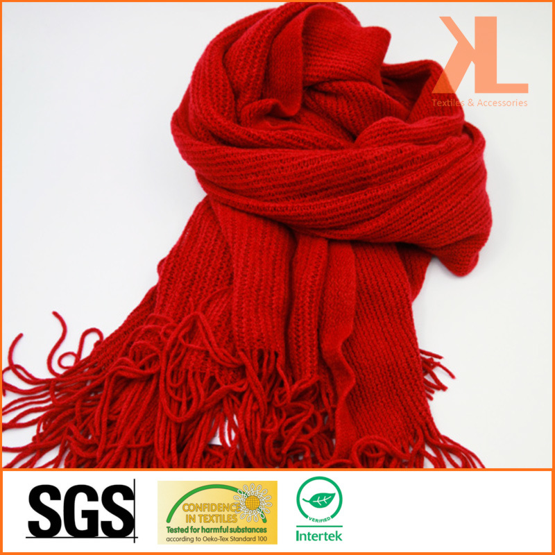 Acrylic Fashion Lady Winter Warm Red Knitted Neck Scarf with Fringe