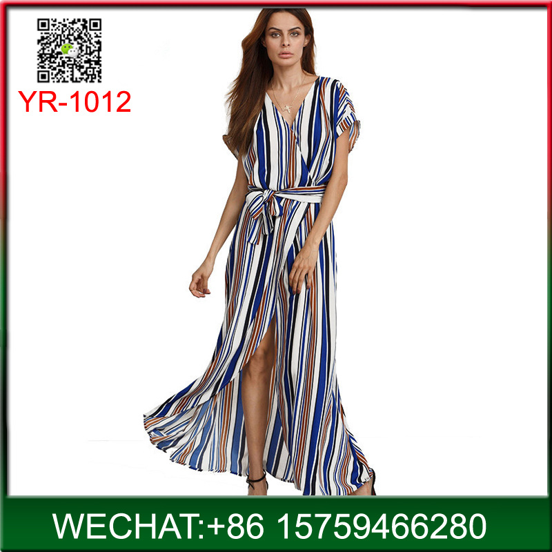 China Manufacturer Woman Summer Stripe V-Neck Long Dress