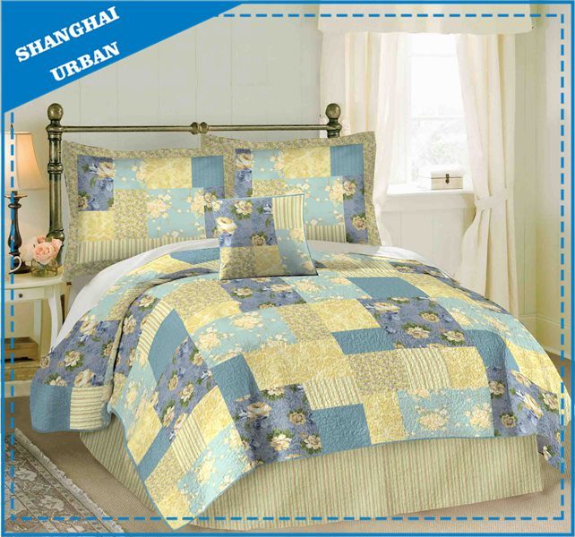 Yellow Blue Roses Printed Patchwork Quilt