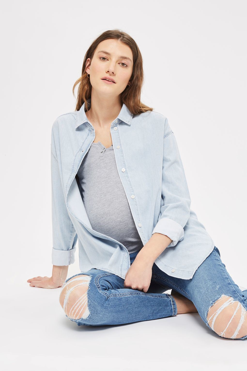 Hot Sale Casual Styles Maternity Bleach Denim Shirts for Your Own Logo