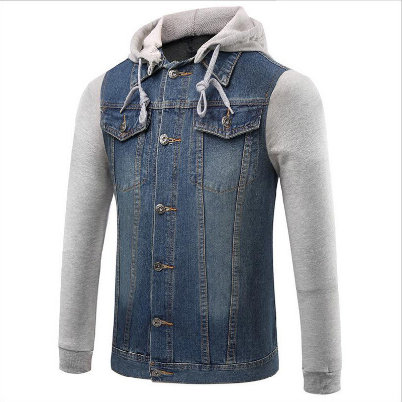 Hooded Leisure Contrast Color Fastener Jean Jacket for Man's Clothes