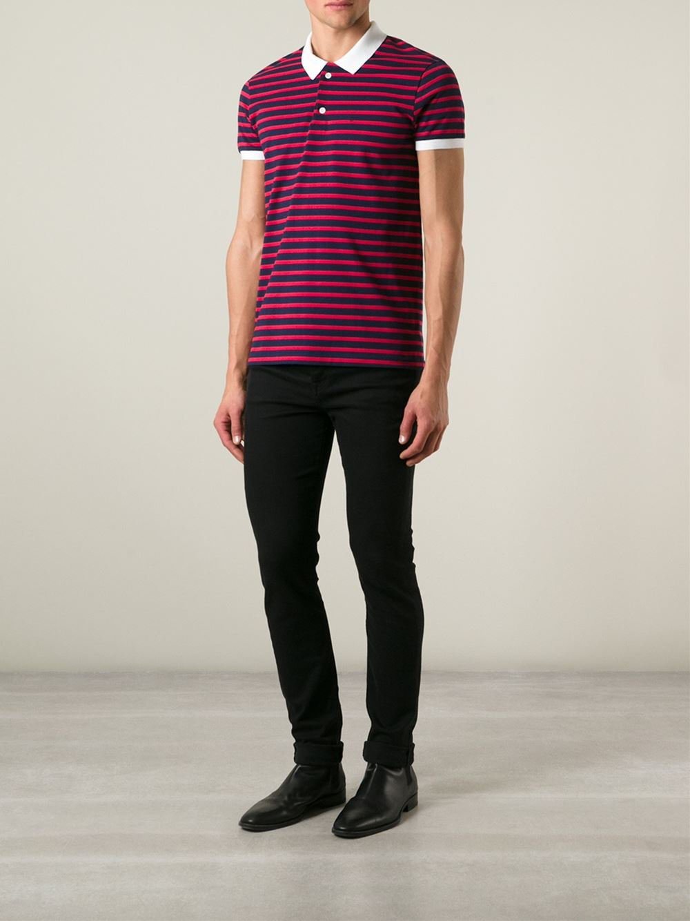 Men Short Sleeves Slim Stripes Polo Shirt with Contrast Collar