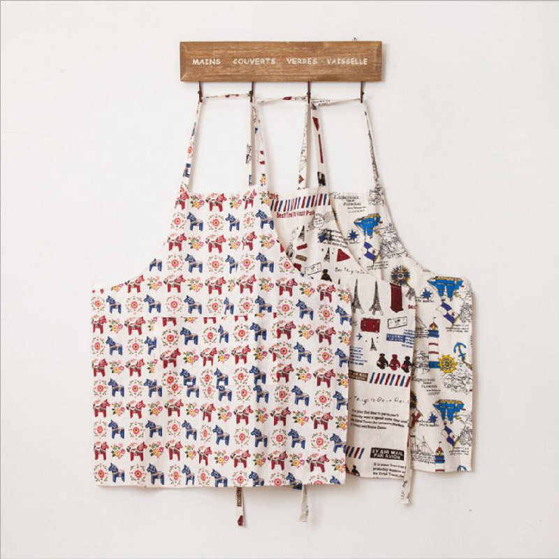 Cotton and Linen Printed Kitchen Apron for Japanese Clothes