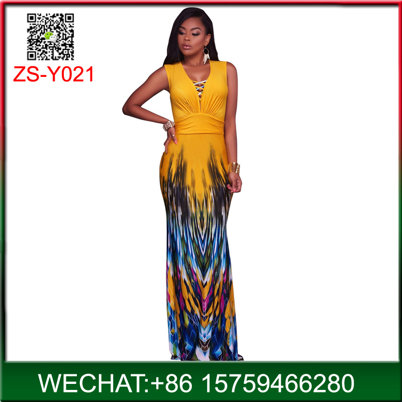 European Styles Sexy Deep V-Neck Printing Long Dress with Fishtail