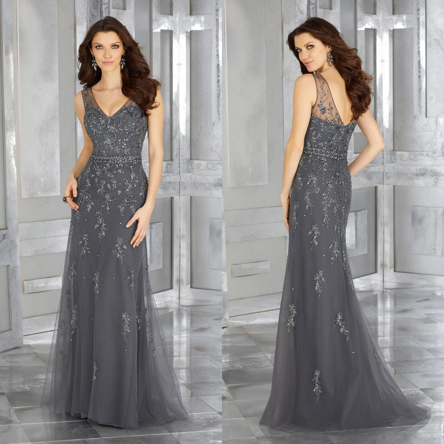 Embroidery V-Neck Beading Women Gown Ladies Mermaid Grey Evening Dress