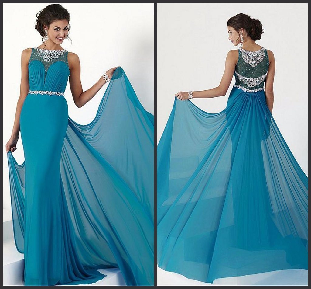 Chiffon Evening Party Prom Gowns Blue Beaded Mother of Bride Dress Z1002