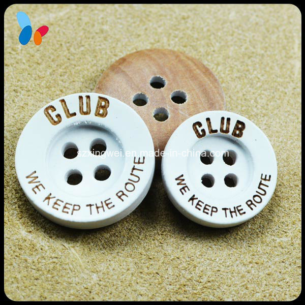 Painted White Color 4 Holes Round Wood Button with Logo