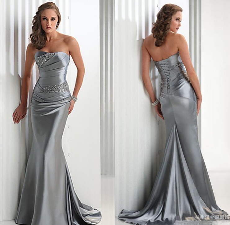 D1172 Mermaid Sexy Strapless Lace Beaded Silver Prom Gowns