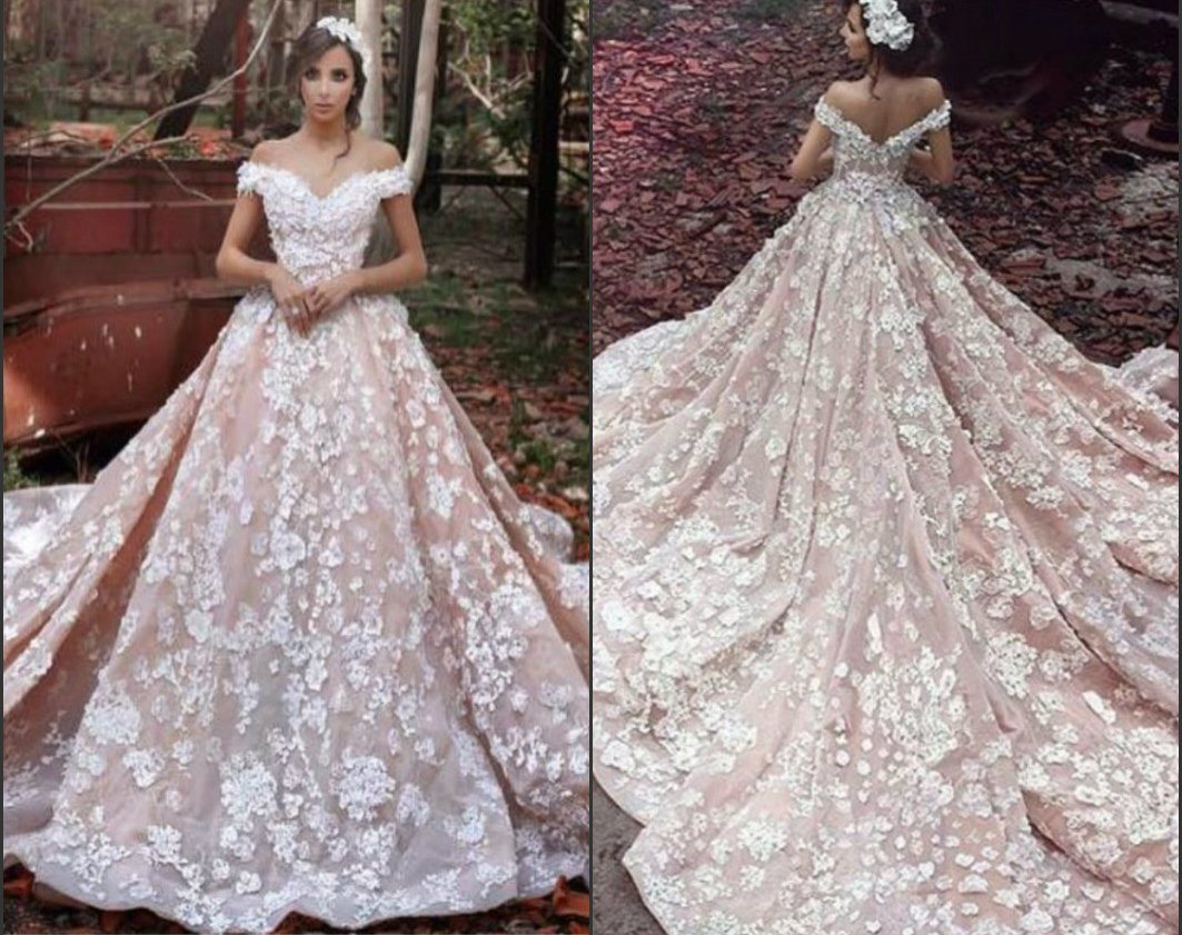 Cap Sleeves Bridal Gowns Luxury Flowers Pink Arabic Wedding Dresses S201757