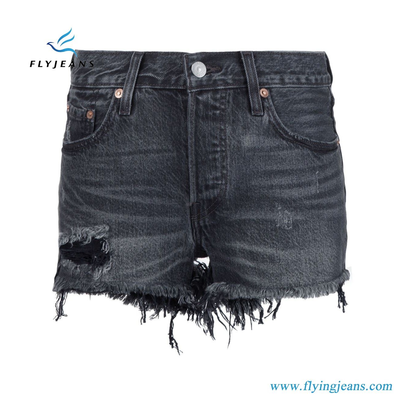 Jeans Manufacturer Ladies Black Cotton Frayed Denim Shorts