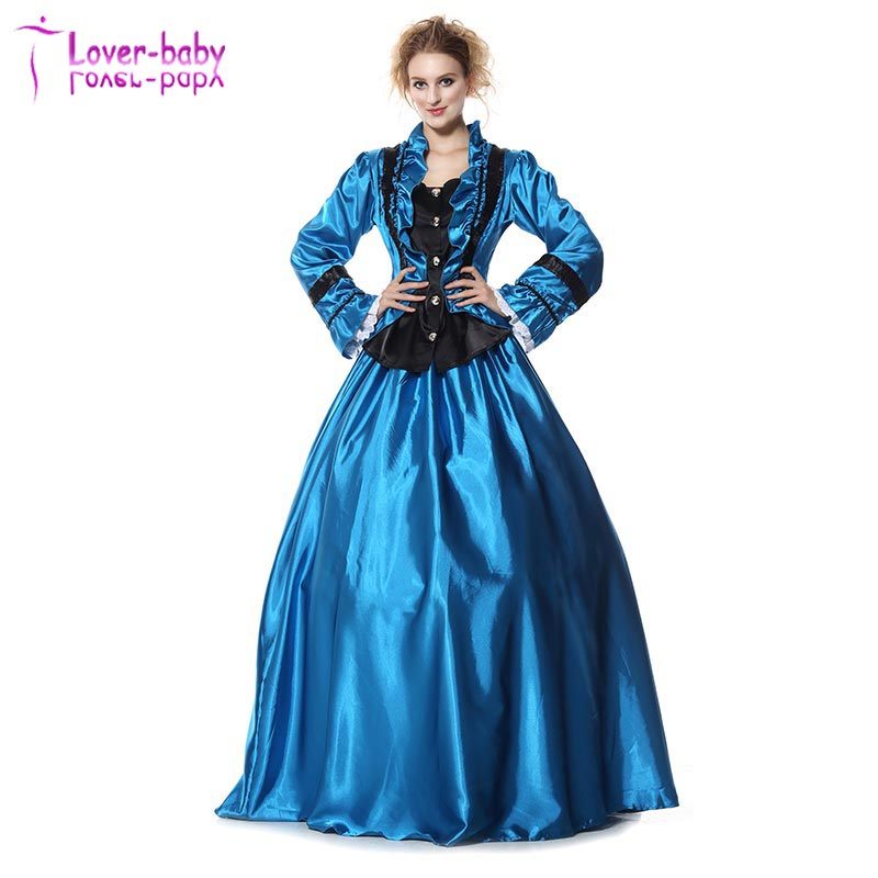 Civil War Period Ball Gown Costume Dress Blue Black Satin M-XL Hoop Skirt L1207