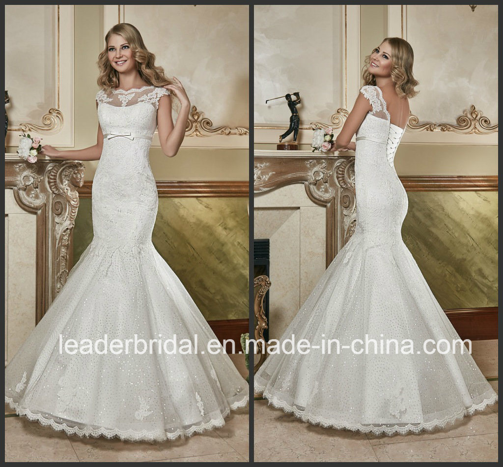 Bateau Lace Wedding Dress Sequins V-Back Bridal Gown W15240