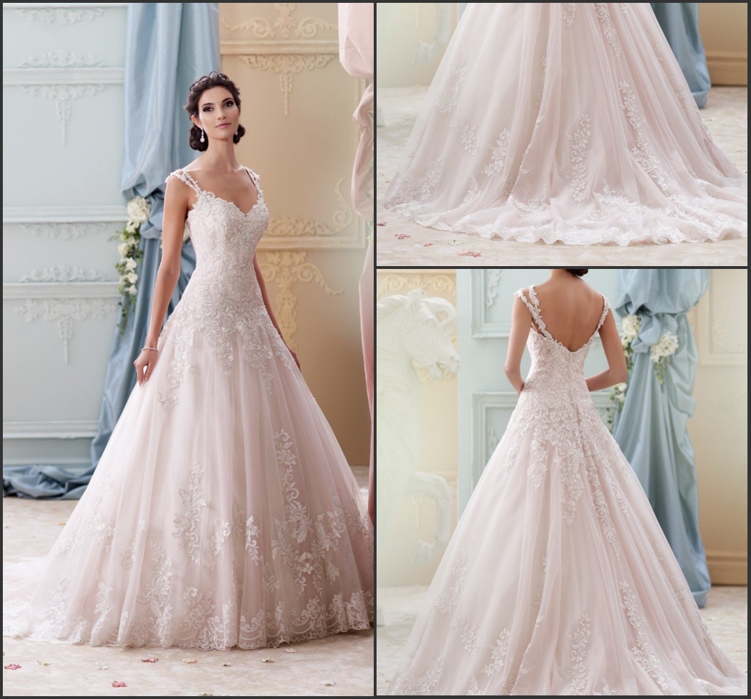 Light Pink Tulle Bridal Ball Gowns Lace Sweetheart Beads Wedding Dresses Da215277