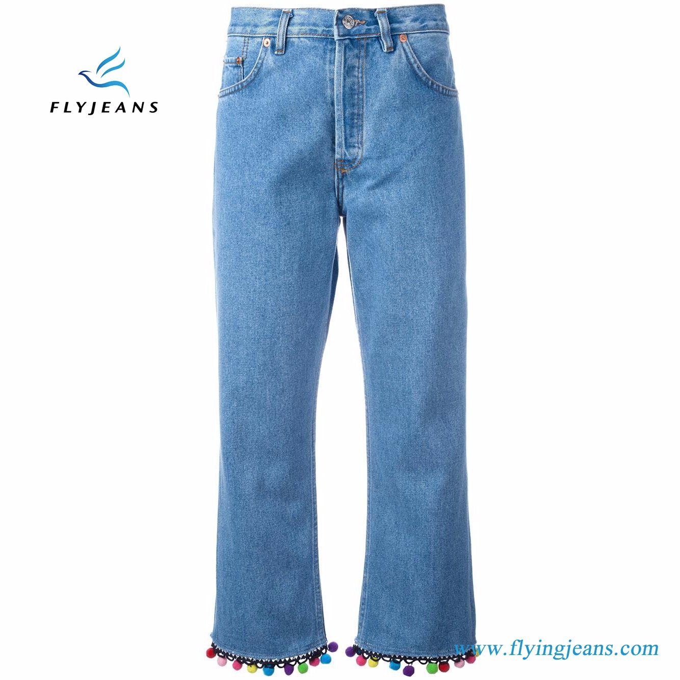 Bobbles Decorated Blue Cropped Flared Women Jeans Denim
