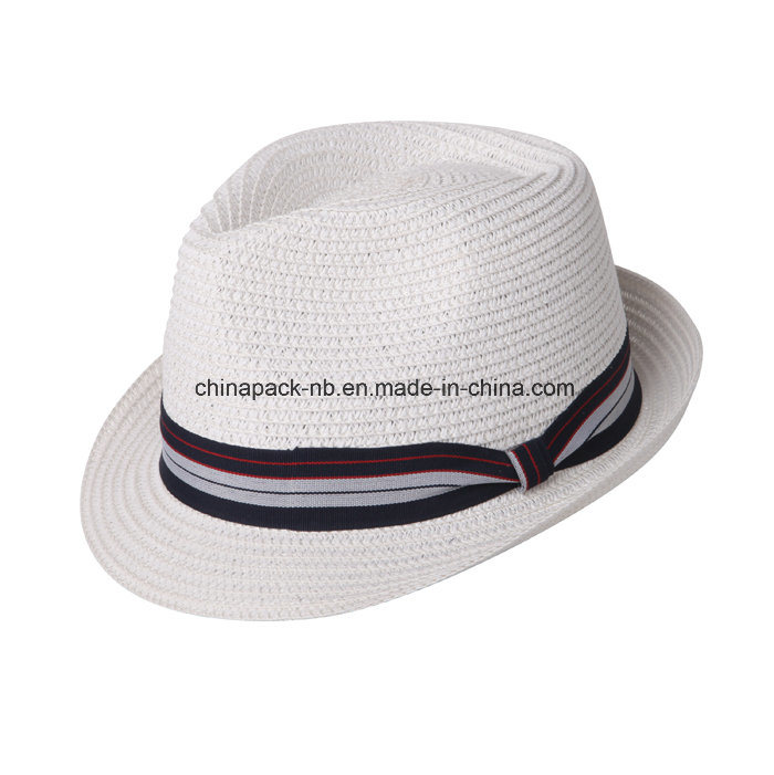 British Style Paper Braid Fedora Hats with Folds Ribbon