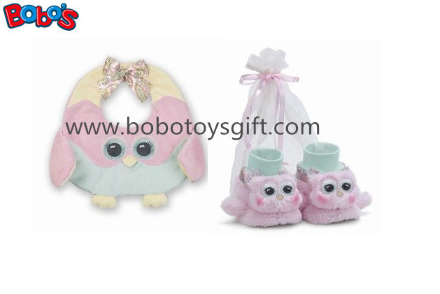 Plush Soft Pink Owl Baby Bib and Booties Gift Set Bosw1112