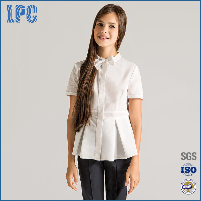 Fashionable Design Girls School Uniform Peplum Blouse with Cup Sleeves