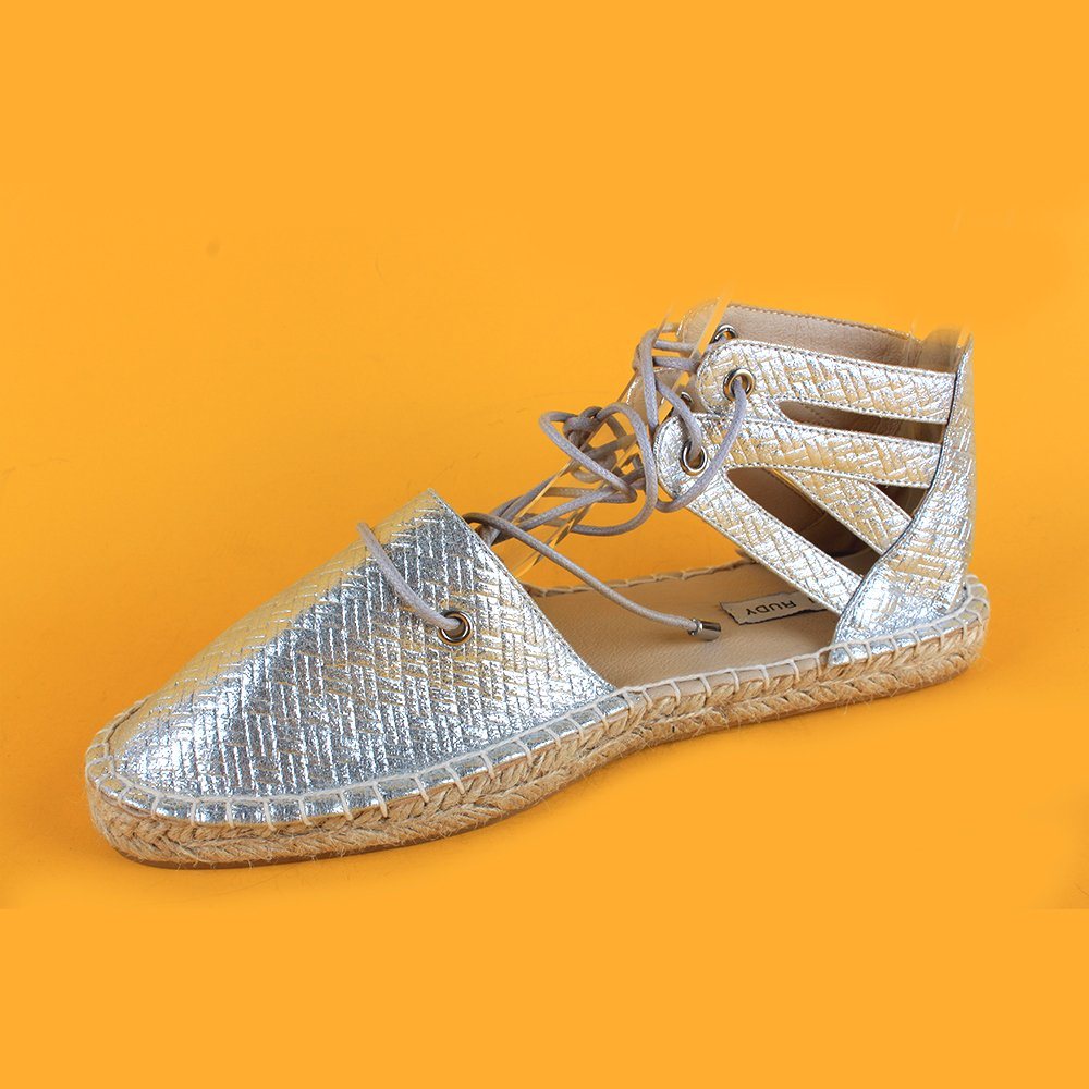 Weave Pattern PU Leather Lace up Flat Espadrilles Sandals Silver
