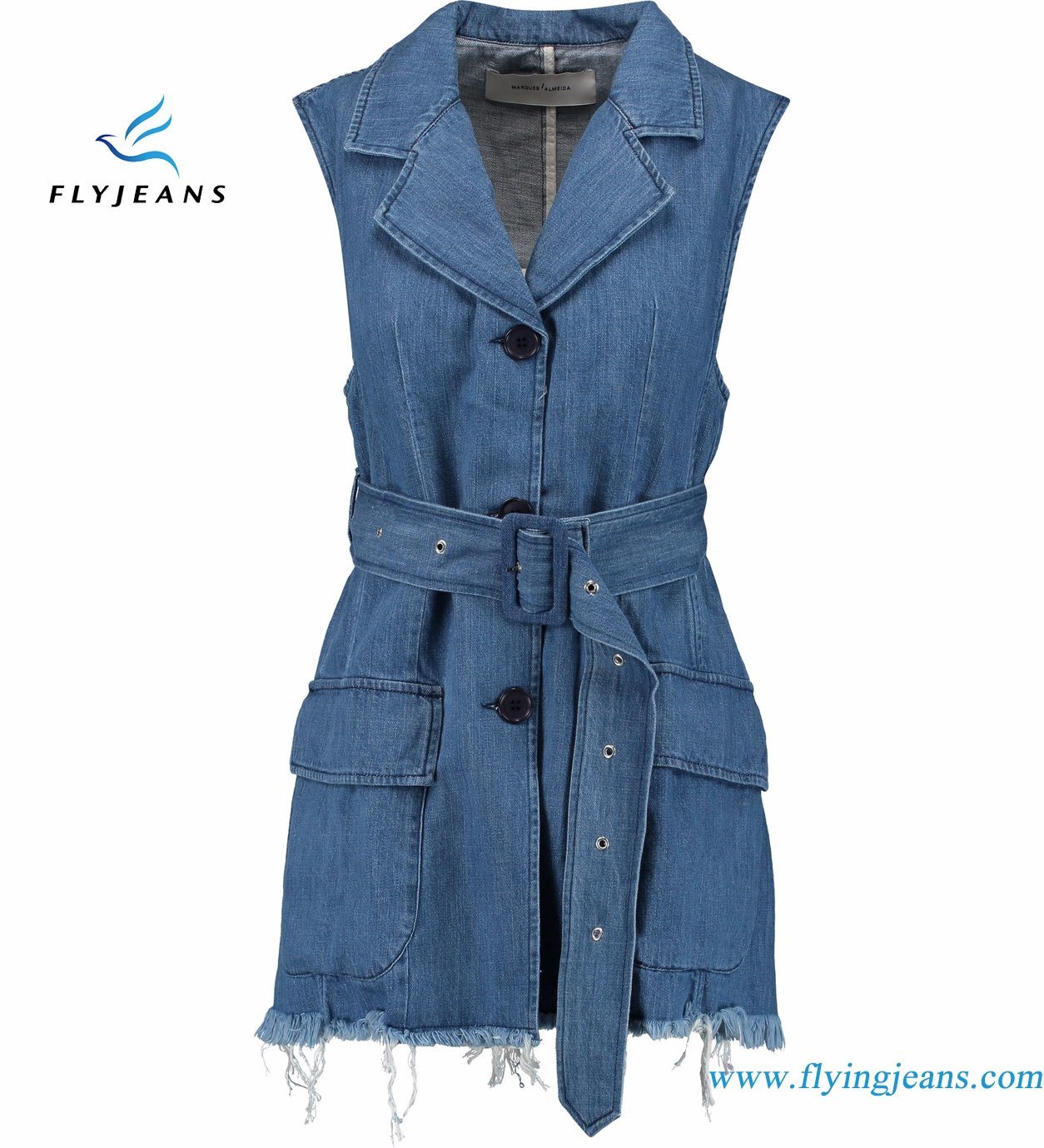 Denim  Blue Jackets Waistcoat for Women with Frayed Hems Flap Pockets